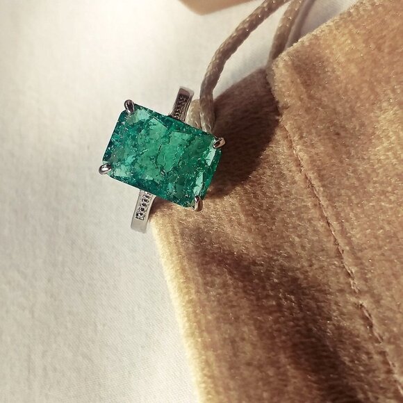 Aqua Zirconia Green Cushion Rectangle Crystal Stone Charm Ring - Picture 5 of 5